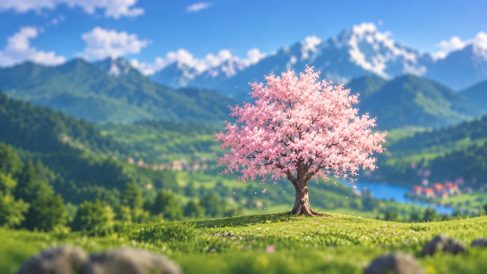 A lone cherry tree in full bloom on a green hill, mountains and a lake behind it